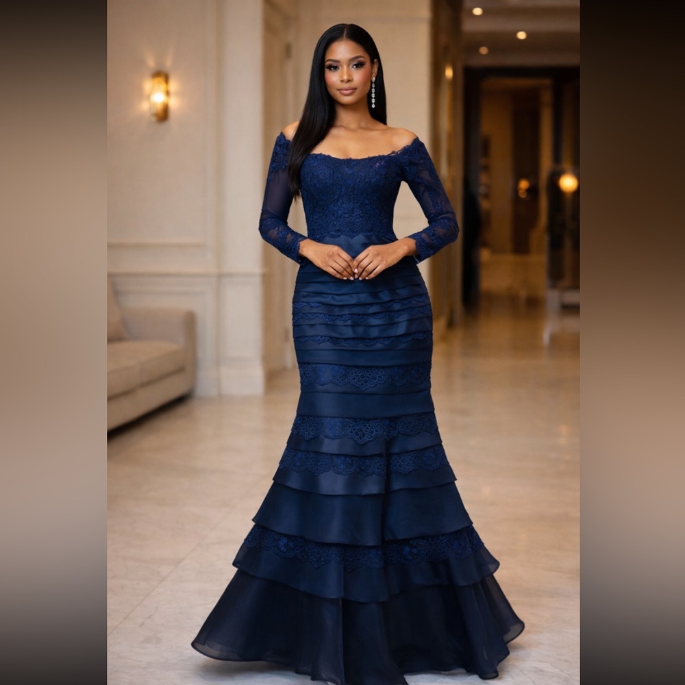 Elegant Off-Shoulder Navy Lace Tiered Evening Gown